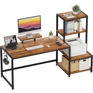 GreenForest Computer Desk 58 inch with Printer Shelf, Reversible Office Desk with Monitor Stand and 2 Hooks, Home Workstation for Study Writing Working Gaming, Brown (57.9 x 18.9 inch)