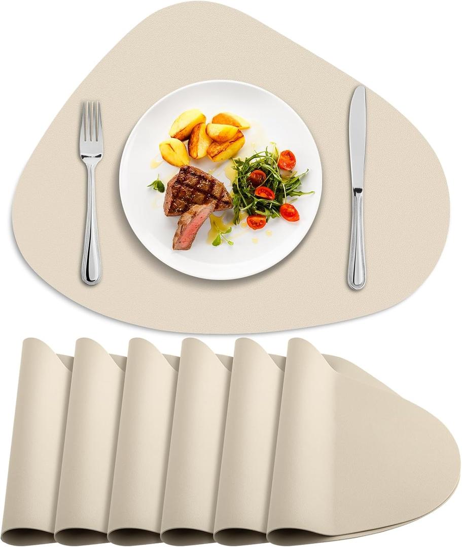 Placemats for Dining Table Set of 6, Heat Resistant Leather Placemats Double Layer, Soft Waterproof Round Table Mats Easy to Clean for Kitchen Dining Room Coffee Office Table, Beige