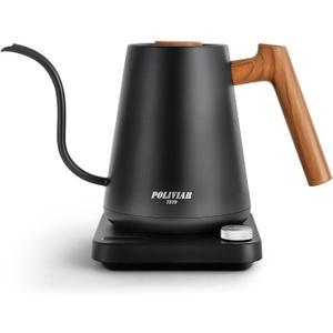 POLIVIAR Electric Gooseneck Kettle, 1350W Electric Tea Kettle Wood Pattern Handle, 34oz Pour Over Electric Kettle for Coffee & Tea, 18/8 Stainless Steel Inner, Temperature Control & Rapid Heating (Black)
