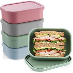 Layhit 4 Pcs Silicone Bento Box Lunch Box for Adult, 23.7 oz Reusable Sandwich Containers Food Storage with Lids Airtight for Lunch Meals Snacks, Dishwasher Freezer Safe (Gray Lotus Pink Multicolor)