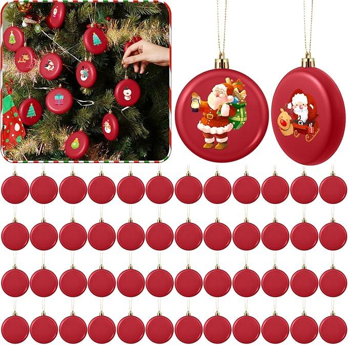 VioraWhite 48 Pcs 3.15 Inch DIY Christmas Ornaments Red Blank Ball Ornament Xmas Plastic Matte Flat Discs Christmas Tree Hanging Ornament Decorations DIY Crafts Painting Drawing Stickers Decals