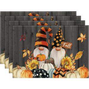 Artoid Mode Gnomes Pumpkins Fall Placemats Set of 6, 12x18 Inch Seasonal Autumn Thanksgiving Table Mats for Party Kitchen Dining Decoration