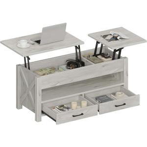 Seventable Coffee Table, 47.2" Lift Top Coffee Table with 2 Storage Drawers and Hidden Compartment, Retro Center Table with Wooden Lift Tabletop for Living Room, Gray, 47.2"Dx19.7"Wx18.2"-24.3"H