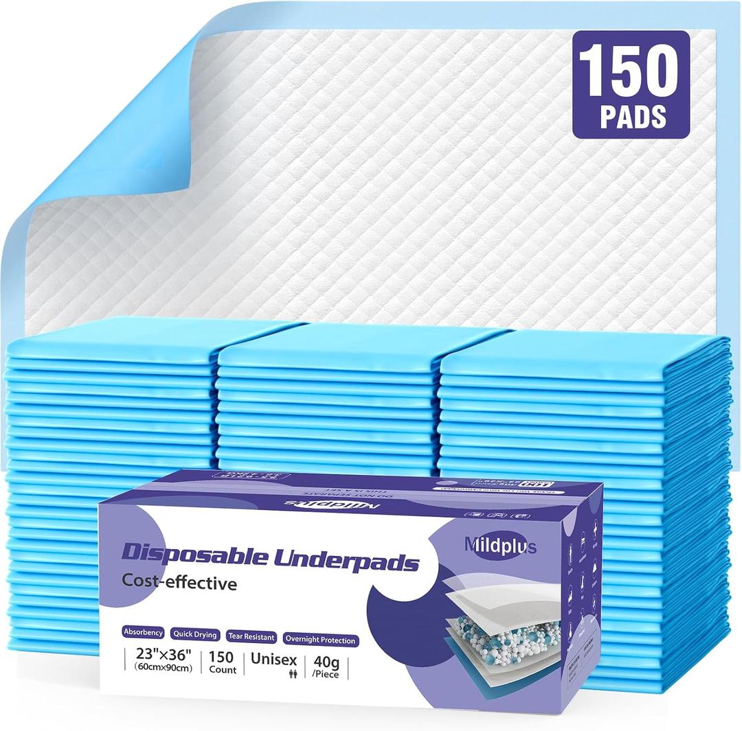 MILDPLUS Disposable Pads 23"36" (150pcs) Moderate Absorbent Underpads Incontinence Bed Pads Disposable Chucks, Pee Pads for Kids, Adults and Pet