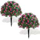 Yunlly Set of 2 Artificial Boxwood Topiary Ball Tree Fake Bushes Shrubs Outdoor Faux Plant with Ground Spike Flowers UV Resistance Greenery for Front Porch Garden Patio Indoor(Purple,27x18inch)