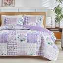 Joyreap 3 Pieces Floral Quilt Set King, Patchwork Purple n Pink Flowers Design, Smooth Soft Microfiber Quilt, Bedspread Bed Cover for All Season, 1 Quilt and 2 Pillow Shams- 102x90 inches
