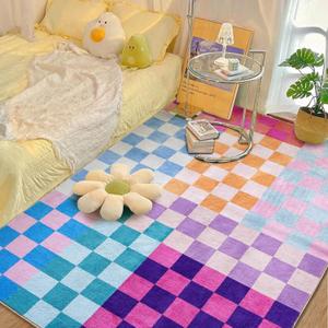 Multicolored Checkerboard Rug Carpet 8x10 Retro Funky Washable Area Rugs for Living Dining Room Bedroom Kitchen Office Entryway Aesthetic, Thin Colorful Checkered Rug Modern Groovy Carpet