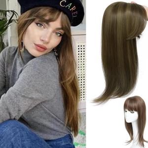 Hair Topper, 360 3D Hair Toppers for Women with Thinning, 18 Inch Long Pieces for Women Clip in Wispy or Side Bangs(Dark Brown with High lights, 3D Wispy Bangs)
