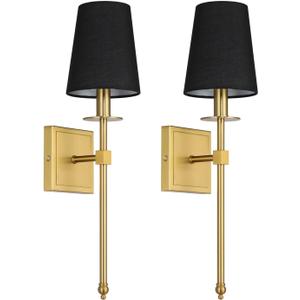 XiNBEi Lighting Wall Sconces Set of 2, Hardwired Brushed Brass Sconce Lighting with Black Fabric Shade Modern Wall Mount Light Fixture for Bathroom Bedroom Living Room Hallway XB-W1307-BS