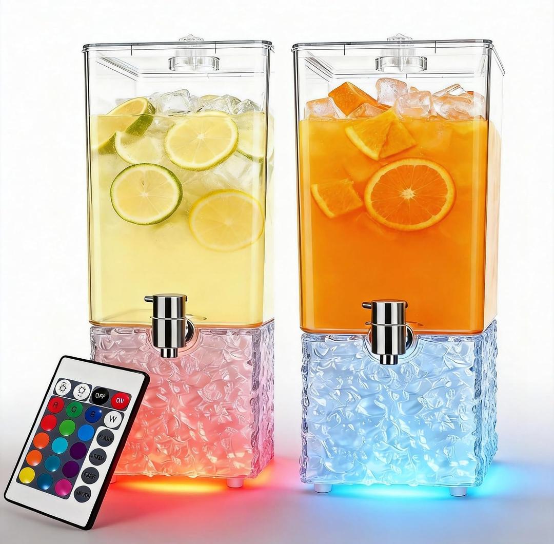 2 PCS 3.2 Gallon Drink Dispensers for Parties, Beverage Dispenser with 304 Stainless Steel Spigot, Plastic Lemonade Juice Dispenser With LED Light Stand, Great for Water, Juice, Punch, Ice Tea