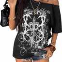 Women's Off The Shoulder Tops Gothic Graphic Tee Y2k Grunge Shirts Vintage Emo Oversized T Shirts Streetwear (M)
