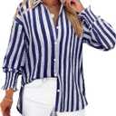 Gleeivy Womens Smocked Cuffed Striped Boyfriend Shirt Casual Collar Long Sleeve Oversized Button Down Blouse Tops (XL)
