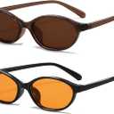 Retro Oval Sunglasses for Women Small Oval 90s Sunnies Trendy Narrow Cat Eye Vintage Shades 2 Pack