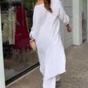 CHICME Women 2 Piece Outfits Cold Shoulder Long Sleeve Top Wide Leg Pants Linen Matching Lounge Set (White, L)