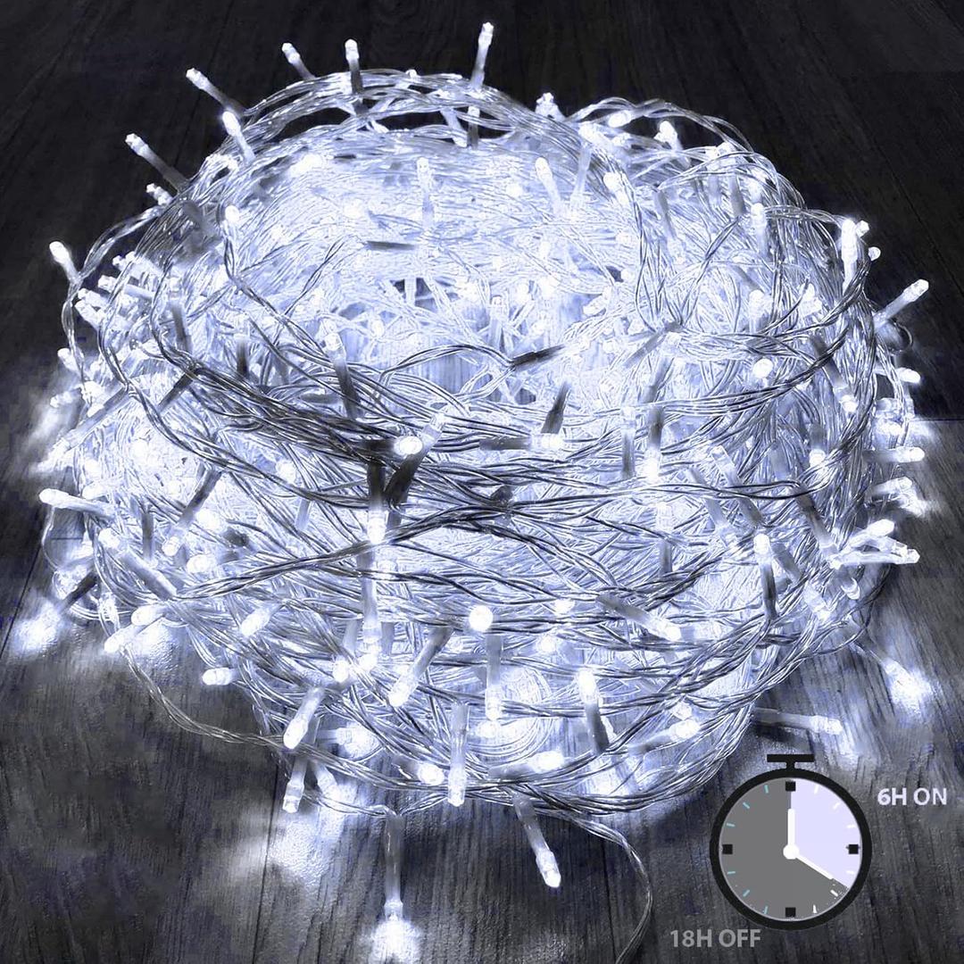 KAQ 115FT 300LED Timer Function Cool White Christmas String Lights, Indoor/Outdoor, Waterproof, 8 Modes, Clear Wire Fairy Tree Lights for Garden Patio Bedroom Christmas Decorations