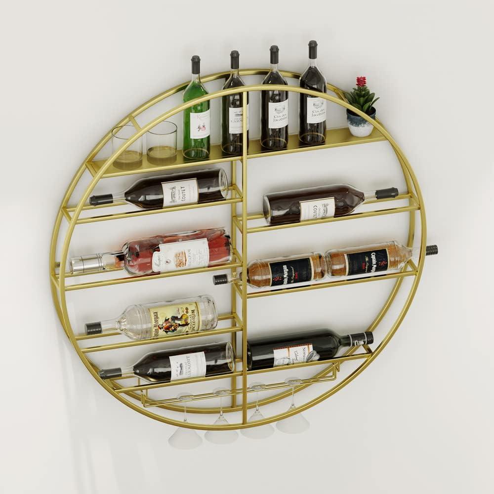 12 Bottle Wall Mounted Wine Bottle Rack in Gold, Bar Liquor Shelves Shelf with Glass Holder, Hanging Display Rack for Home Bar Dining Room Kitchen(35.5''), Gold, White, Red