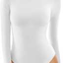 MANGOPOP Round Neck Long Sleeve Bodysuit For Women Casual T Shirts Body Suit Basic Slim Fitted Casual Top (White, XS)