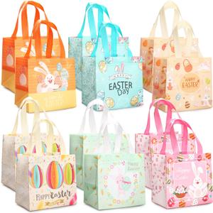 PARSUP 6PCS Happy Easter Bunny Carrot Chick Egg Hunt Gift Treat Multifunctional Non-Woven Bags with Handles,Easter Party Supplies for Gifts Wrapping, 8.37.95.9inch (Orange Yellow Blue Pink Green)