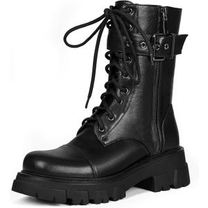 Women Harness Motorcycle Biker Boots Steampunk Combat Boots Chunky Mid Calf Goth Boots Lug Sole Lace up Side Zipper (9.5, Publack)