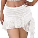 Kolagri Women Y2K Lace Mini Skirt Low Rise Pleated Ruffle Short Skirts Layered Flowy Asymmetrical Fairy Half Slip Skirt (Medium, White)