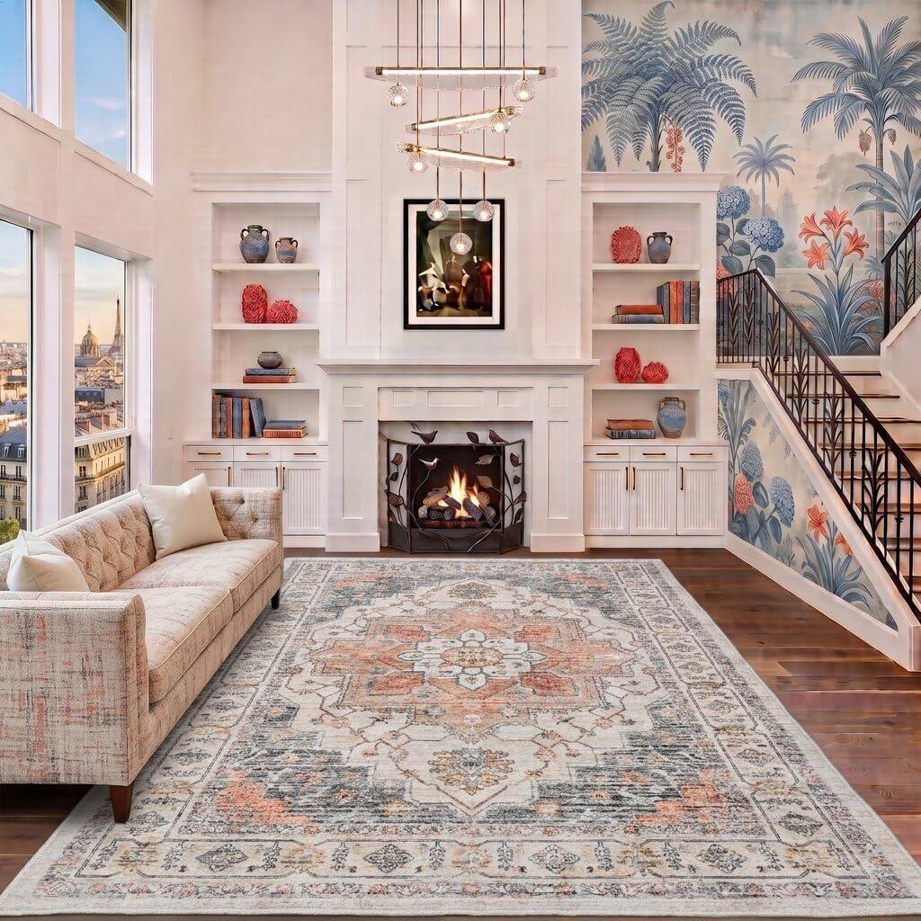 Temedara Area Rug 8x10 Washable Rugs, Large Rugs for Bedroom Living Room, Vintage Non-Slip, Stain Resistant, Low Pile Soft Carpet for Dining Room, Kitchen, Home Office, Pet Friendly, Easy to Clean
