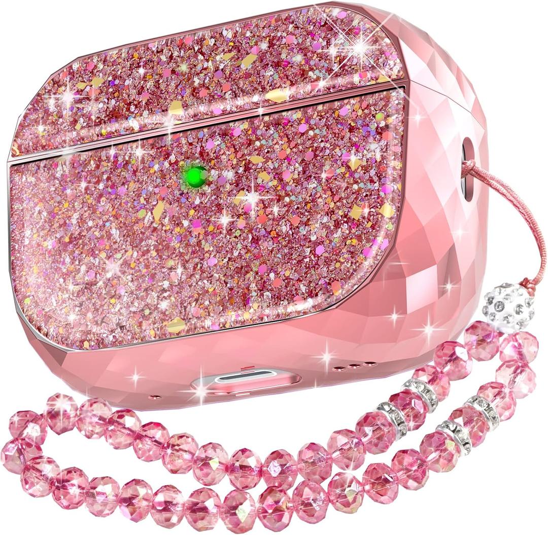 AhaStyle AirPods Pro 2 Case Cover (2024/2023/2022) for Women Girls Luxury Glossy Hard-Shell Protective Case Cover Compatible with Apple AirPods Pro 2nd Gen (USB-C/Lightning Cable) Charging Case (Pink)