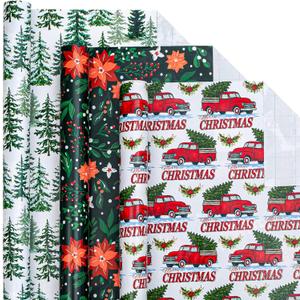 2 x Afucus Christmas Wrapping Paper, 3 Mini Rolls, Christmas Tree Pickup and Berries Design Gift Wrapping Paper Rolls for Birthdays, Parties (17 Inch X 120 Inch) (Christmas-Red Green)