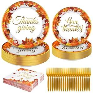 96 PCS Thanksgiving Plates Set, 9" and 7" Paper Thanksgiving Plates and Napkins, Disposable Gold Foil Autumn Party Supplies, Fall Thanks Giving Dinnerware Set for Harvest Party Decorations Serves 24