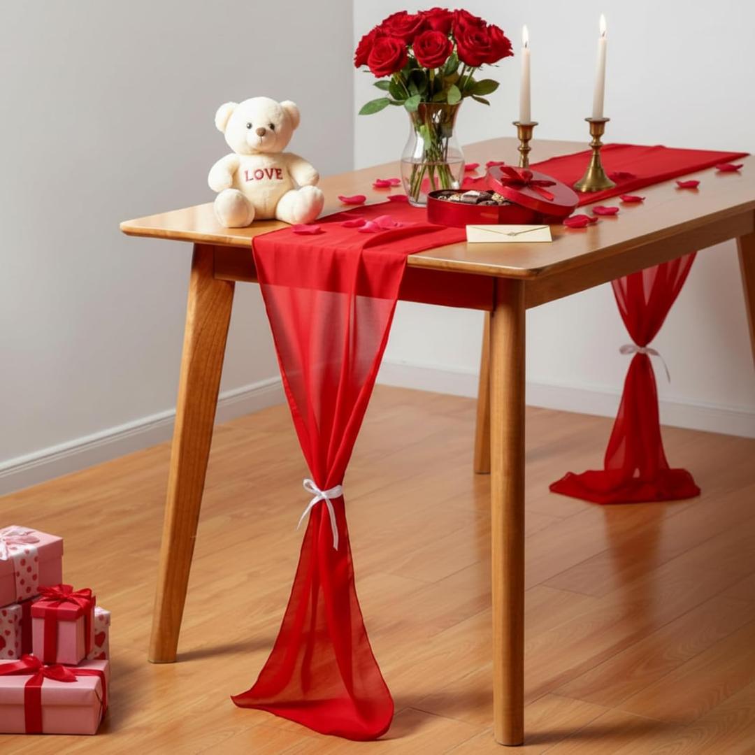 Tegeme 2 Pcs Red Chiffon Table Runner 12 x 106 Inch Boho Gauze Sheer Cheesecloth Romantic for Wedding Birthday Bridal Baby Shower Anniversary Party Mother's Day Valentine Christmas Home Table Decor