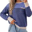 Rooscier Women's Striped Knit Pullover Sweater Crew Neck Long Sleeve Loose Sweaters with Pocket (Purple, L)