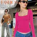 YOGINGO Womens Long Sleeve Shirt Square Neck Basic Slim Fit Tees Fall Y2k Going Out Crop Tops Cute Tight Shirts (Medium, Hot Pink)