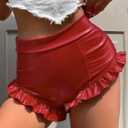 WDIRARA Women's PU Leather High Waisted Booty Shorts Ruffle Hem Skinny Shorts Burgundy Medium (Red)