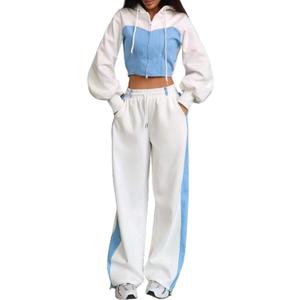 Women's 2 Piece Outfits Lounge Sweatsuits Denim Patchwork Zip Up Crop Hoodie Baggy Jogger Pant Tracksuit Sets (White)
