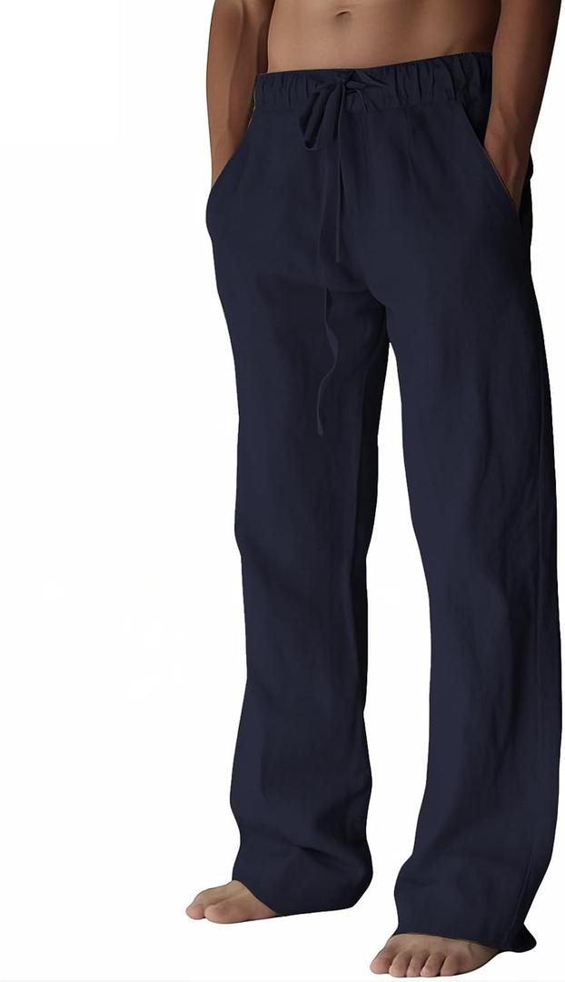 PIDOGYM Mens Cotton Linen Pants, Summer Beach Pants Casual Loose Fit with Elastic Waist Drawstring (Gray, XL)