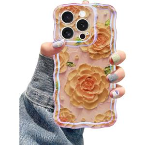 Jusy Compatible with iPhone 15 Pro, Colorful Retro Oil Painting Printed Flower Laser Glossy Pattern Cute Curly Wave Phone Case Soft TPU Cover for Girly Women - Pink Rose