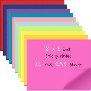 Zubebe 10 Pads Large Sticky Notes Jumbo Bright Colors Sticky Notepads Self Stick Note Square Memo Post Stickies for Office School, 25 Sheets/pad (8 x 6 Inch,Multicolor)