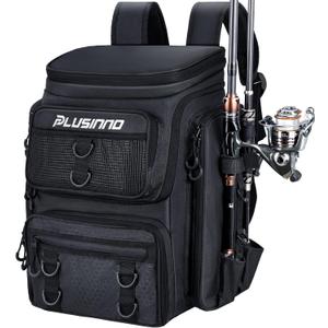 PLUSINNO Fishing Backpack With Rod Holder, 42L Water-Resistant Fishing Gear Tackle Box Backpack, Fishing Tackle Bag For Men