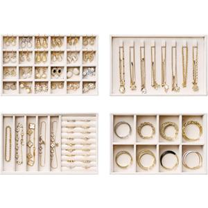 Velvet Jewelry Drawer Organizer Trays 4-Layer Stackable Jewelry Storage Inserts Set, Beige Jewelry Tray Set for Earrings, Rings, Necklaces, Bracelets with Removable Dividers for Dresser & Vanity