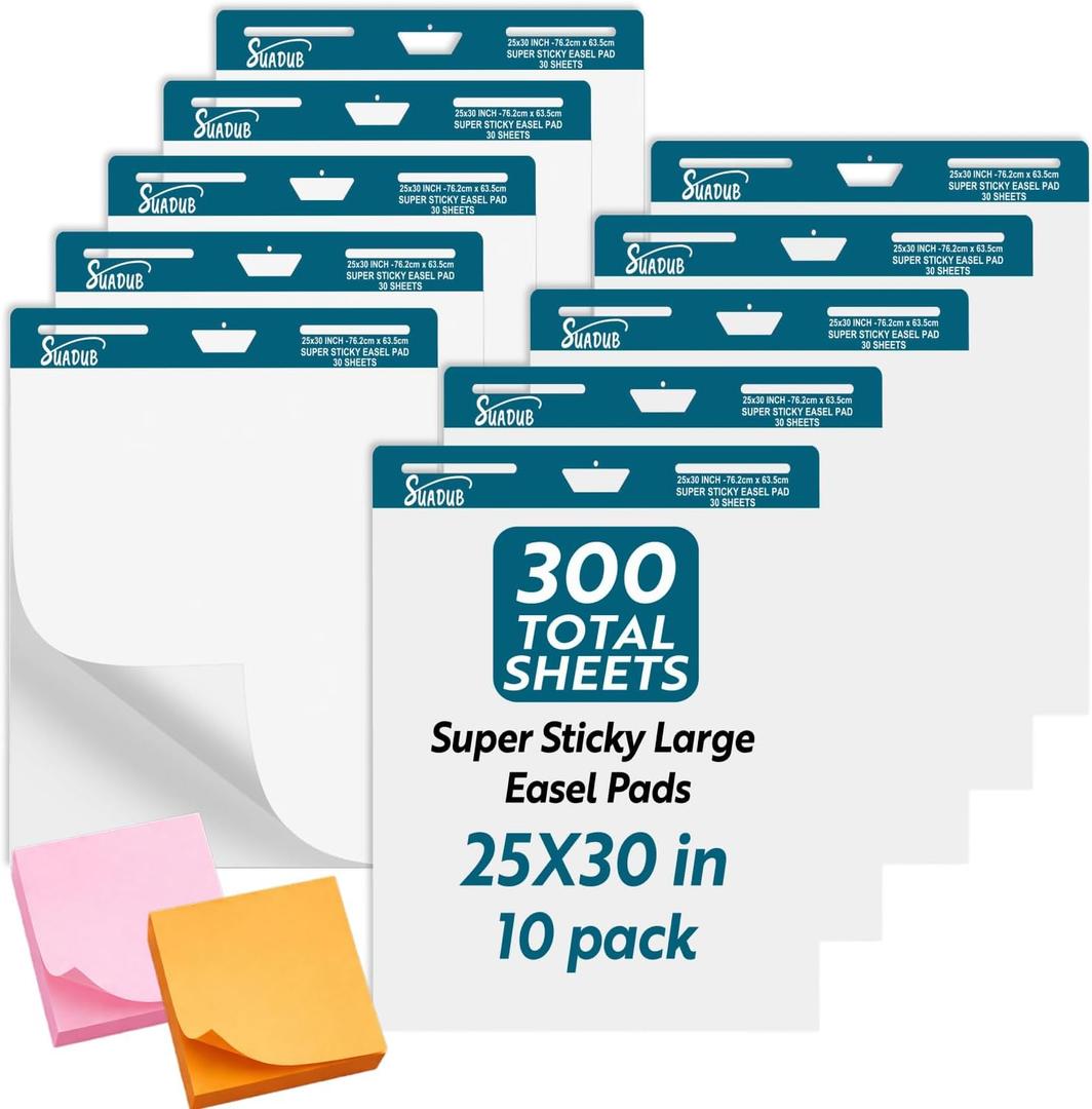 Sticky Easel Pad - 25 x 30 Inches  Large Chart Paper for Teachers - Self Stick Easel Pad for Office Classroom - Resistant Easel Paper- 2 Little Bonus Sticky Notes - 30 Sheets/Pad,10 Pads