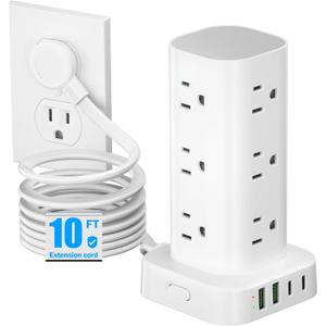 Flat Plug Power Strip Tower Surge Protector, 10FT Flat Extension Cord with Multiple Outlets, 12 AC Outlets, 4 USB Ports (2 USB C) Charging Station for Office Home Dorm Room Travel (White)