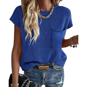 KIRUNDO Short Sleeve Sweater for Women Summer Crochet Tops (XL, Bright Blue)