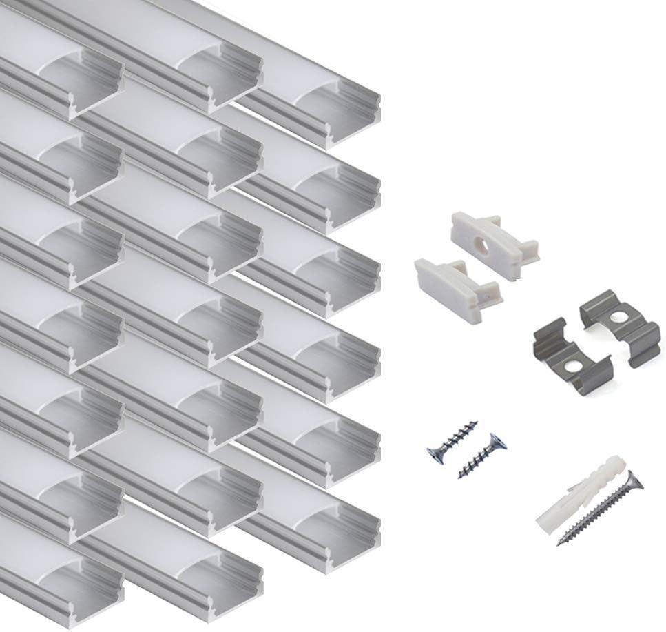hunhun 20-Pack 6.6ft/ 2Meter U Shape LED Aluminum Channel System with Milky Cover, End Caps and Mounting Clips, Aluminum Profile for LED Strip Light Installations, Very Easy Installation