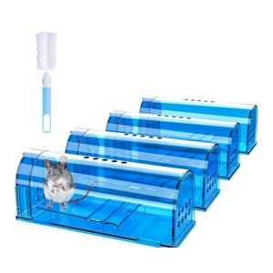 4 Pack Humane Mouse Traps No Kill, Catch and Release Live Mouse Trap Indoor for Home, Reusable Mice Trap Cage with Cleaning Brush(Blue),01Blue-4pack