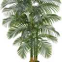 Artificial Golden Cane Palm Tree 7FT, Fake Palm Tree with Three Realistic Trunks and Lifelike Palm Leaves, Faux Palm Plant for Indoor Home Décor with White Planter
