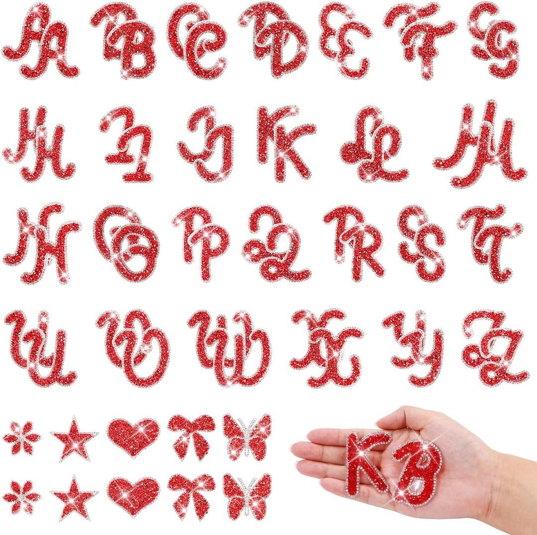 62 Pcs Rhinestone Letter Stickers Crystal Alphabet A-Z Self-Adhesive Letter Patches Bling Glitter Stickers Iron on Letters for Clothing Craft Decor Red