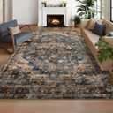 GarveeHome 8x10 Washable Vintage Living Room Area Rug: Vintage Machine Washable Area Rug for Living Room Indoor Large Non-Slip Bedroom Carpet Low Pile Stain Resistant Dining Room Carpet Blue&Brown