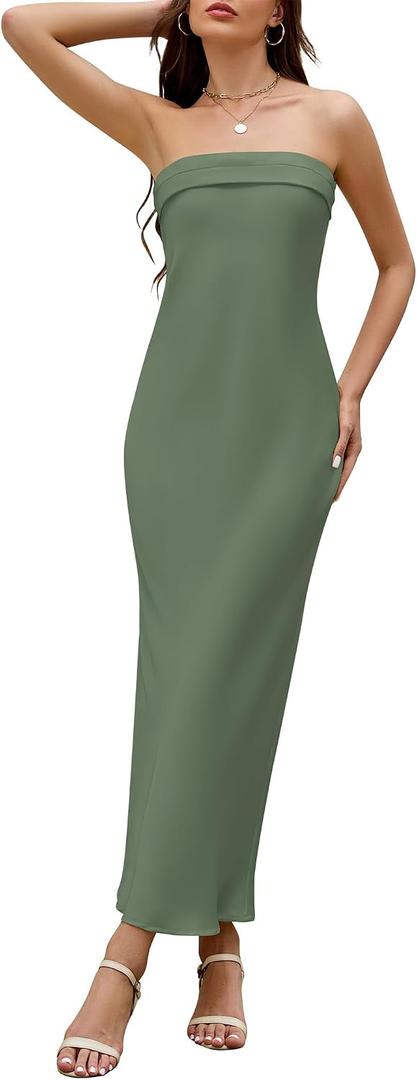 Women's Satin Strapless Backless Bodycon Maxi Dress (Green, M)