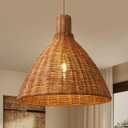 Wabi Sabi Rattan Pendant Light, 16" Cone Farmhouse Wicker Hanging Lamp, Brown Bohemian Hanging Light for Kitchen Island, Dining Room, Bar, Foyer, Bedroom, Living Room