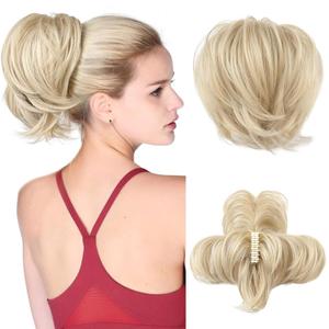 HOOJIH Ponytail Extension, Claw Clip in Straight Hair Bun Messy Bun 9 Inch Short Ponytail Extension with Bendable Metal Wire Hair Pieces for Women Fake Hair Bun - Blonde with White Highlights