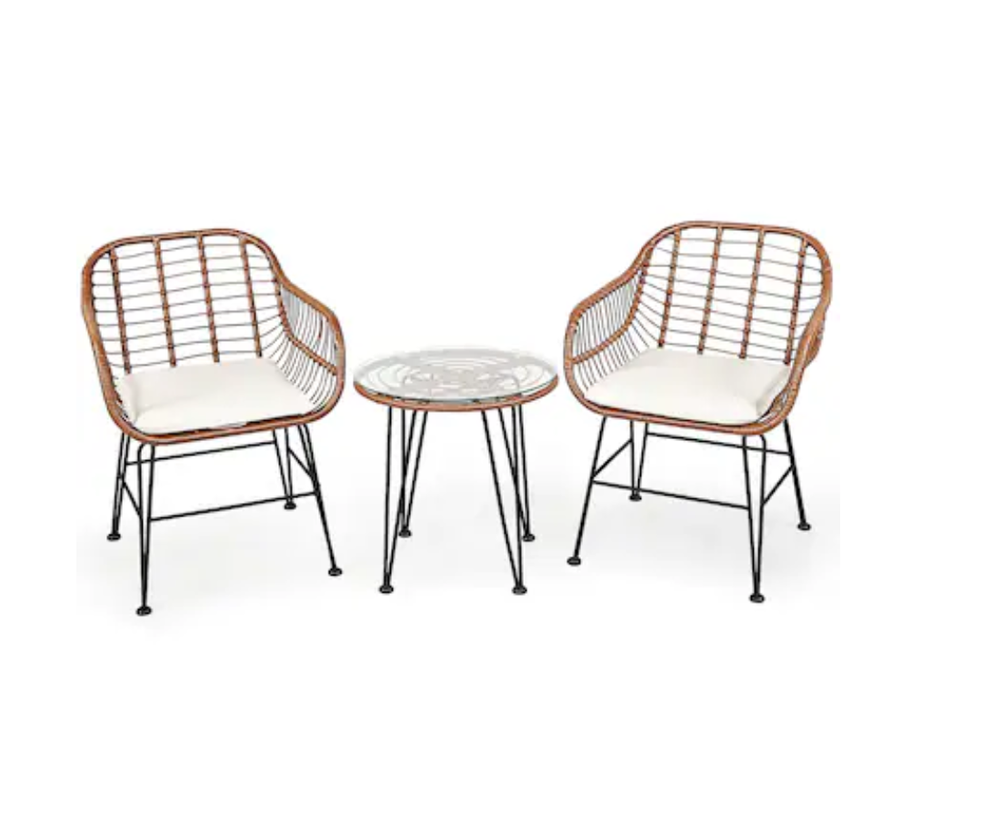 3-Piece Rattan Patio Conversation Set with White Cushions